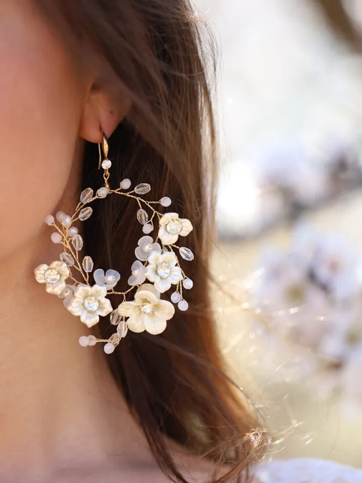 Porcelain Flowers Hoop Bridal Earrings, Champagne Gold Floral Wedding Jewelry, Statement Crystal Bridal Earrings, Statement Wedding Earrings