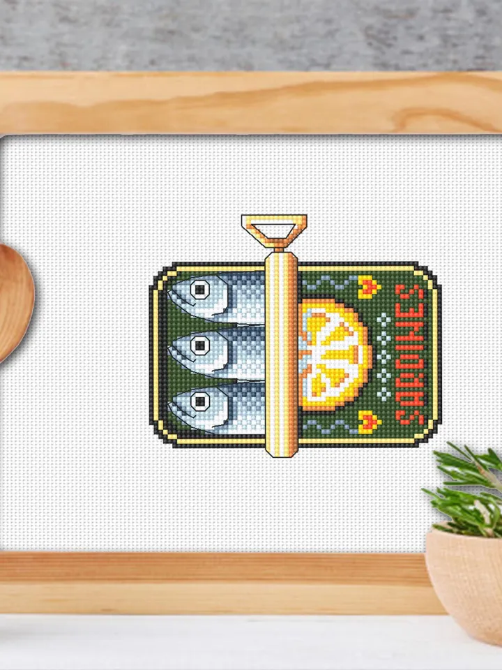 Sardines in a can cross stitch pattern PDF download Tinned sardines cross stitch chart, Small fish pattern digital, Funny kitchen decor #F25