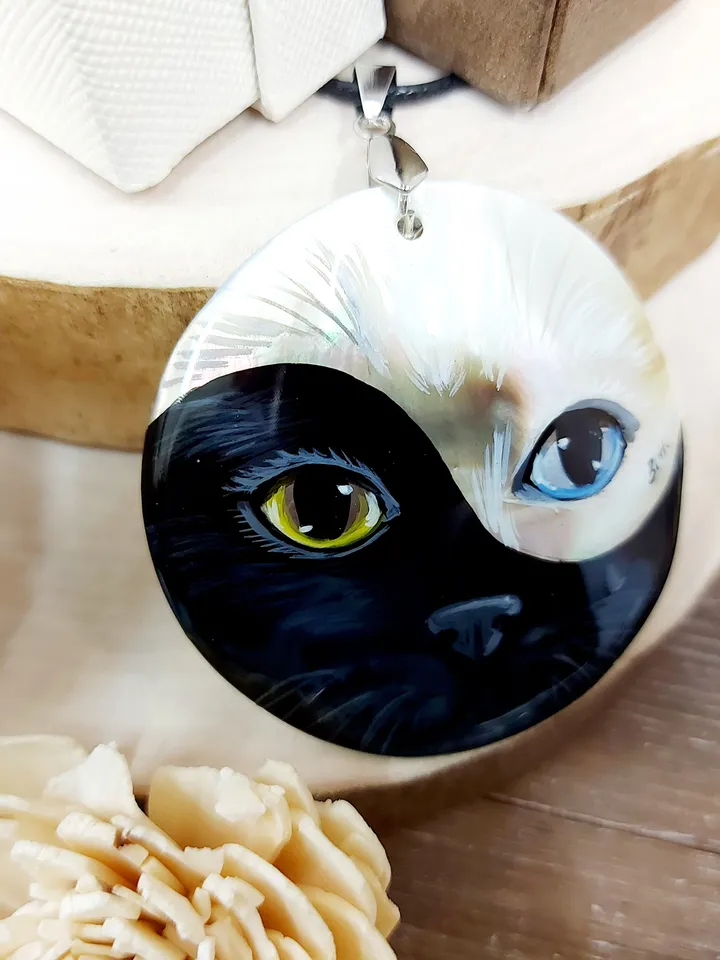 Pendant Mother-of-pearl "Yin-Yang Cat" miniature hand-painted. Russian jewelry. Gift for cat lovers. Hand-painted Necklace. MOP