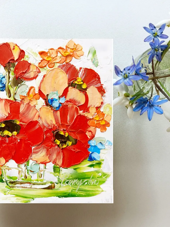 Poppies Impasto Oil Painting Abstract Flowers Original Art Neutral Floral Wall Art Rustic Decor Mother's Day Gift by ArtProkopaloSv