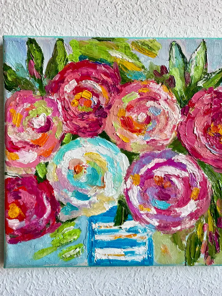 Pink Rose painting, Original Flower oil Painting canvas Fauvism style art