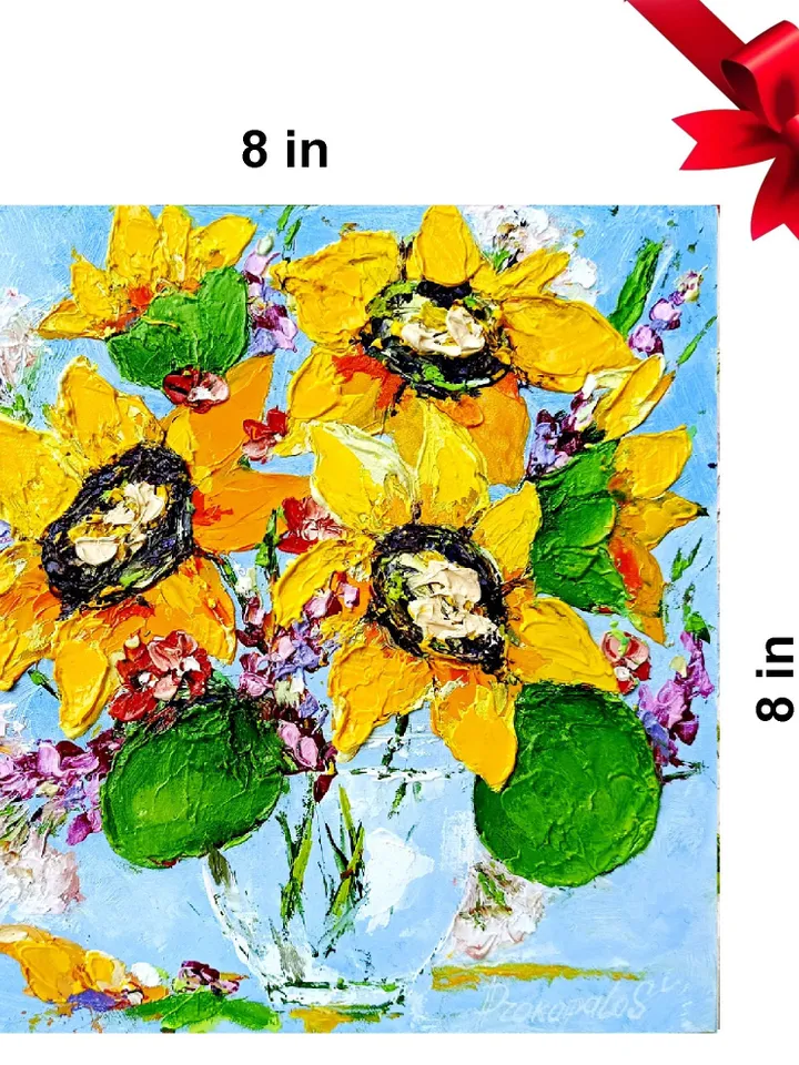 Sunflower Painting Original Art oil painting Floral Sunflowers Artwork Still Life Flowers Small Painting 8 by 8" by ArtProkopaloSv