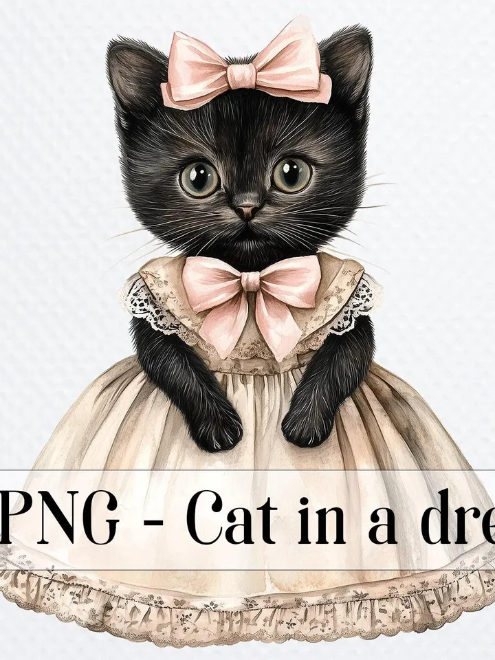 18 Kitten in dress PNG bundle, Floral Kitten Shabby Chic Clipart, Printable Watercolor floral cat Clipart for sublimation, junk journal