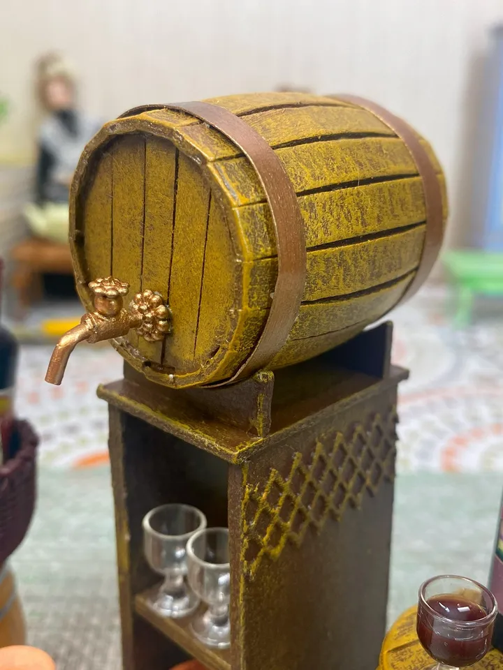 Wine set. Barrel with wine. Barrel. Puppet miniature. 1:12. Doll accessories.