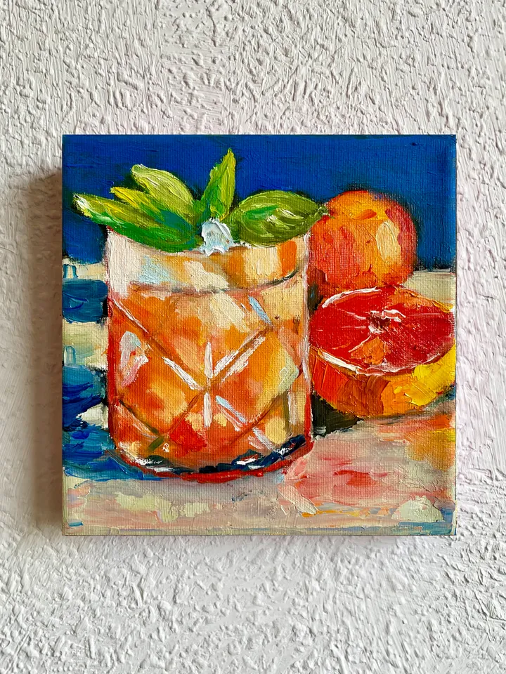 Lemonade cocktail Still Life Painting on Canvas Original Orange Juice Drink Wall Art Bar Cart Decor 6"x6"