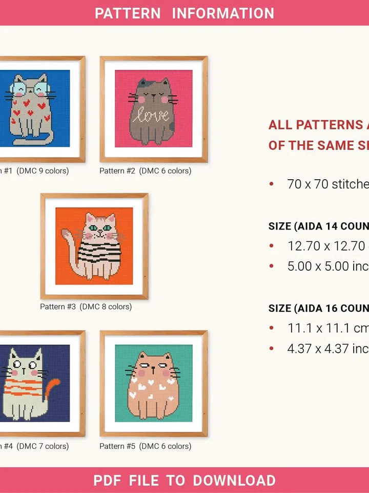 Bundle Cat 5 Cross stitch patterns, contemporary, Pet, Animal, Abstract, beginner counted, digital PDF, gift DIY, embroidery, instant PDF