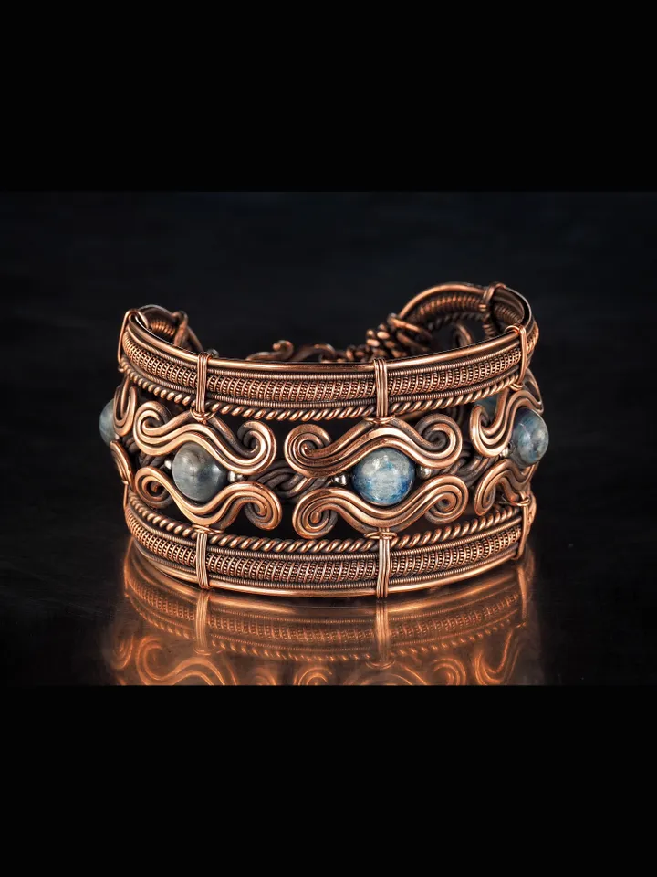 Copper wire wrapped kyanite bracelet Unique bangle 7th Wedding Anniversary
