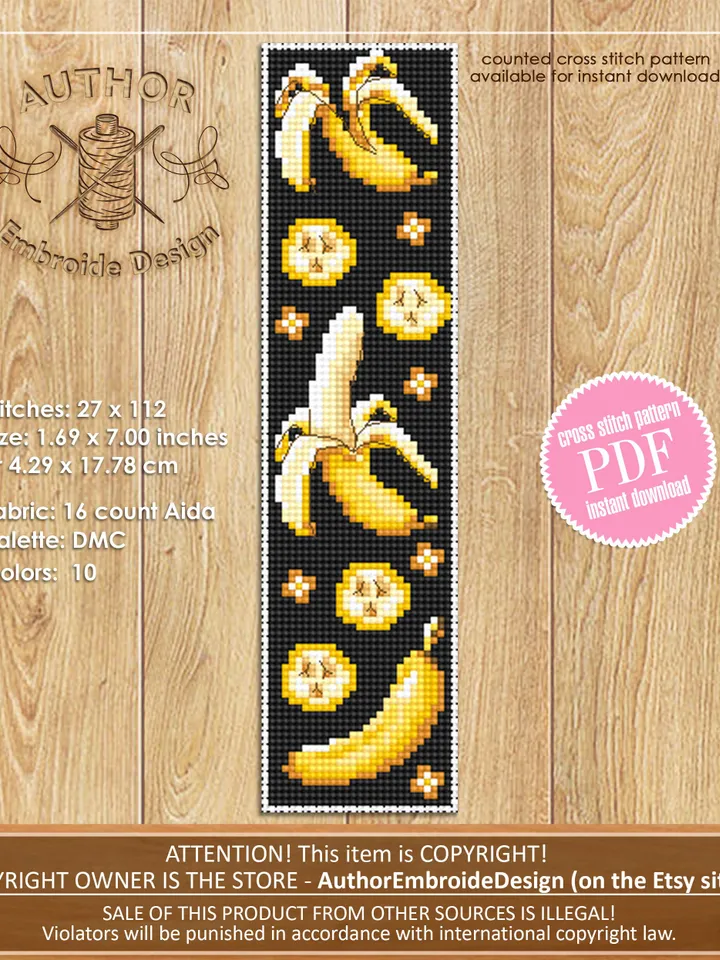 Exotic fruit bookmark set cross stitch pattern download PDF Summer fruit cross stitch chart, Modern handmade bookmark, Coconut, Banana #B157