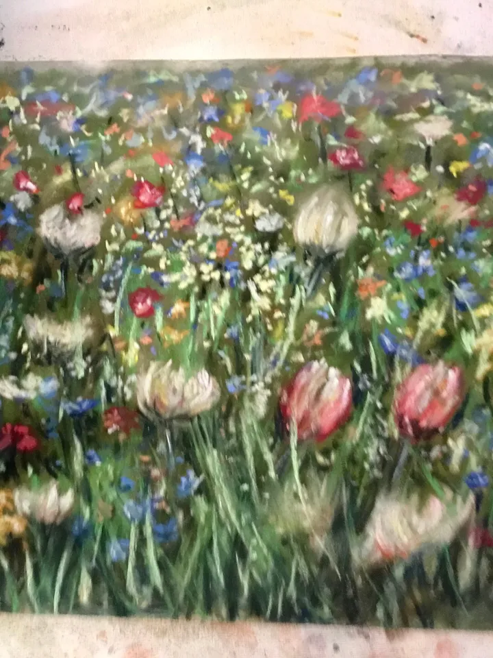 Flower fields,original soft pastel painting on pastelmat,colourful wall art
