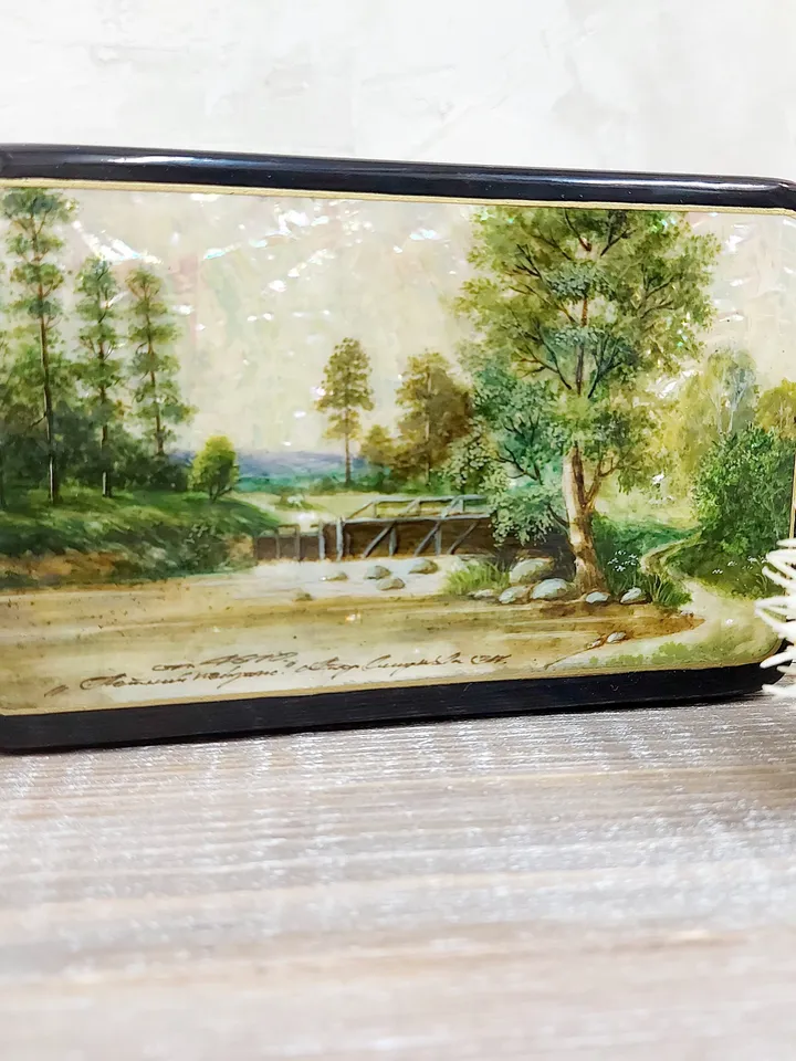 Lacquer Box "Summer landscape" Hand-painted miniature painting. Jewelry box Mother of pearl Papier-mache. Home decor. Christmas gift