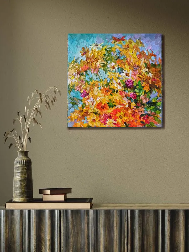 Painting "Daisies" Flowers Artwork Oil Impasto Palette knife Canvas on stretcher 12 by 12 inches Author: Nata_Lena_Art