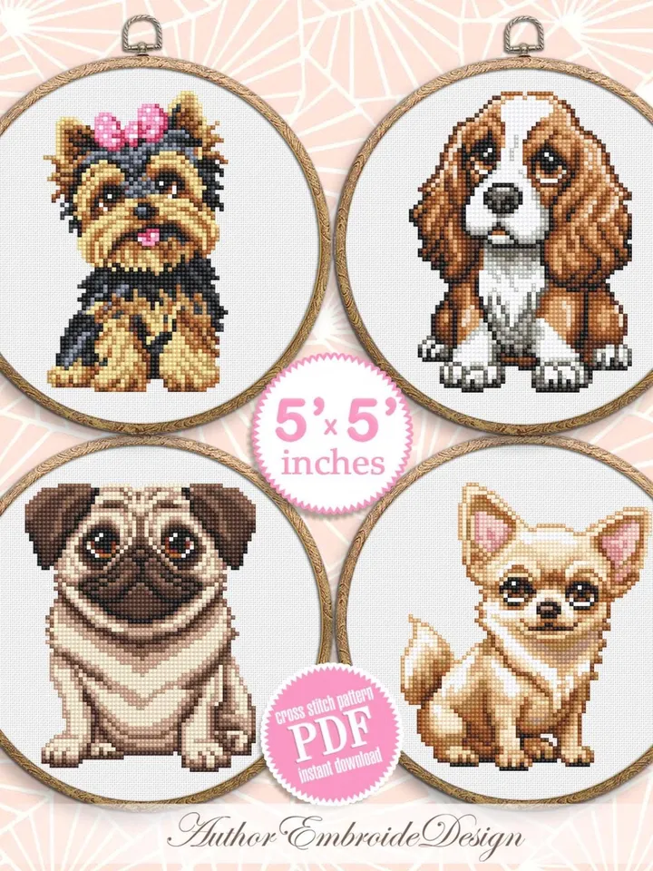 Dog breeds cross stitch pattern PDF download Set of 4 pet cross stitch chart, Needlepoint dog pattern digital PDF, 5 inch cross stitch #K69