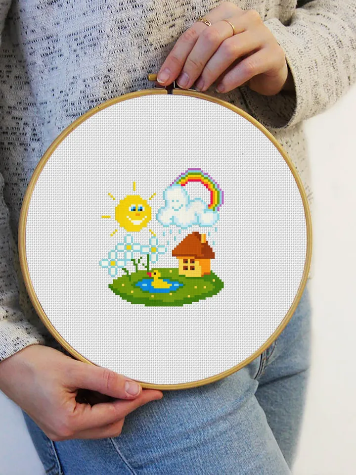 Nature cross stitch pattern download PDF Summer home xstitch chart Baby pattern digital Cute beginner stitch Small picture embroidery #O11