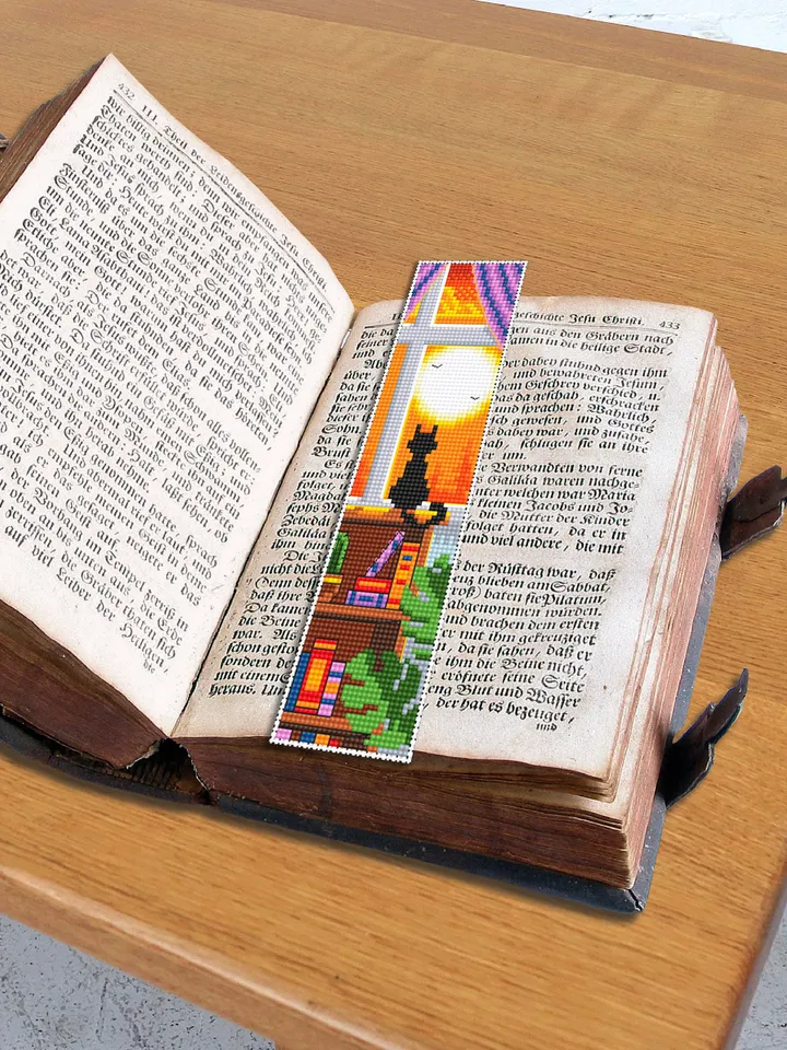 Bookmark cross stitch pattern download PDF Modern handmade bookmark digital PDF Cute cat embroidery beginners Sunset cross stitch chart #B63