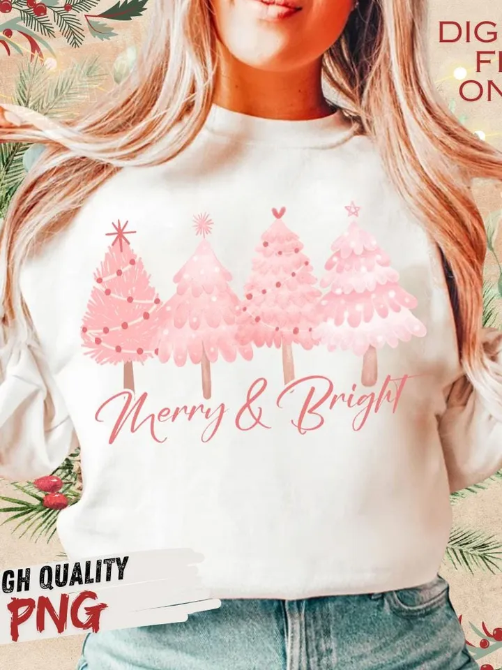 Merry & Bright PNG Sublimation File, Pink Pastel Christmas Sublimation Digital Download, Hand Drawn Christmas Trees, Pretty Pink Christmas