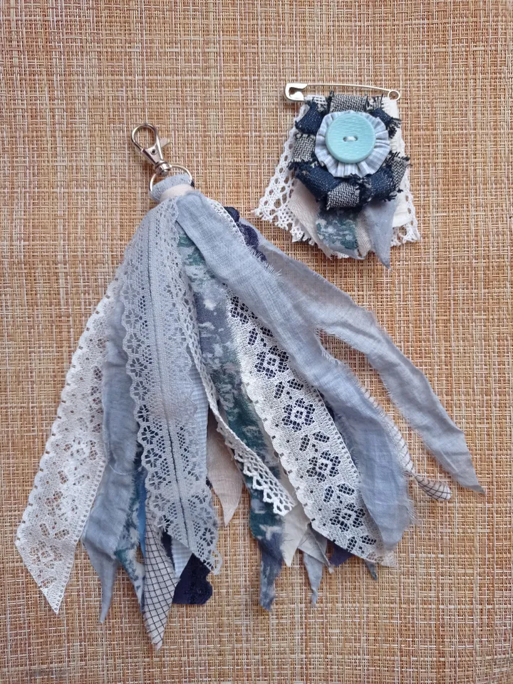 Blue brooch and keychain made of ribbons and boho fabric set