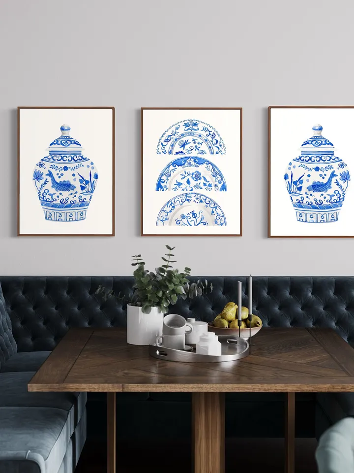 Chinoiserie Wall Art Set Of 3 Art Prints Watercolor Painting Blue White Porcelain Vintage Art Prints Chinese Jar Painting Porcelain Vase Art
