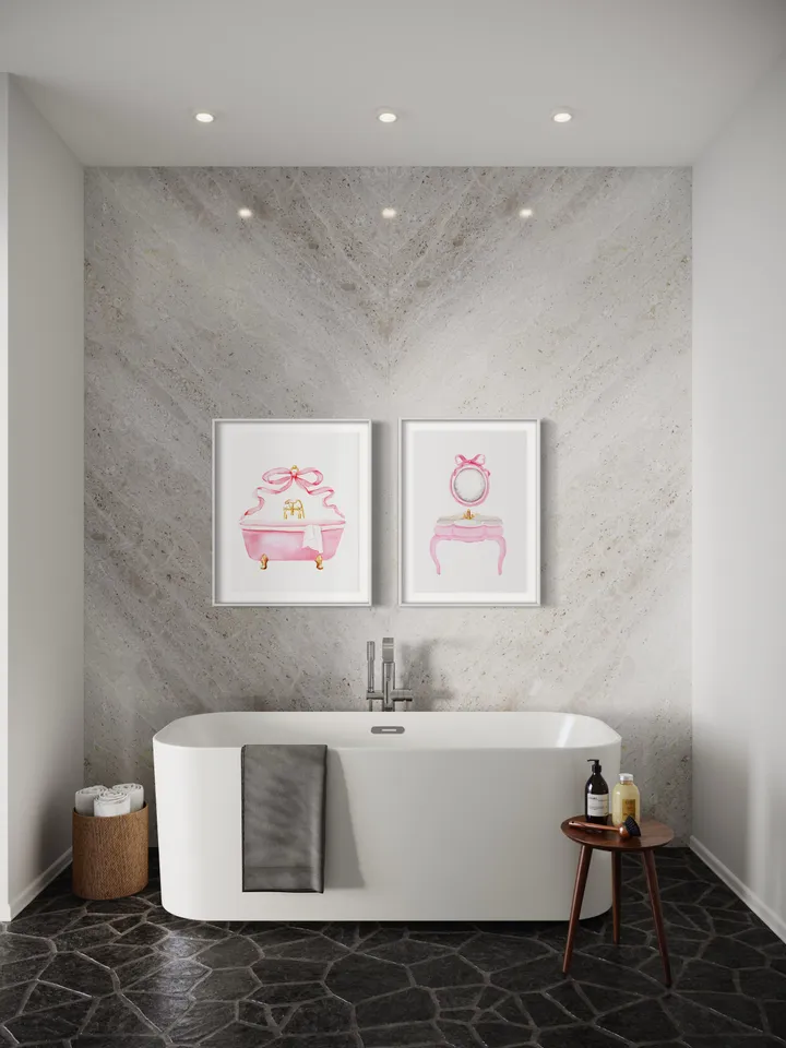 Pink Bow Bathroom Vintage Art Print, Set Of 2 Watercolor Bathroom, Bow Wall Art, Girls Bathroom Decor, Spa Beauty Art, Gift For Her
