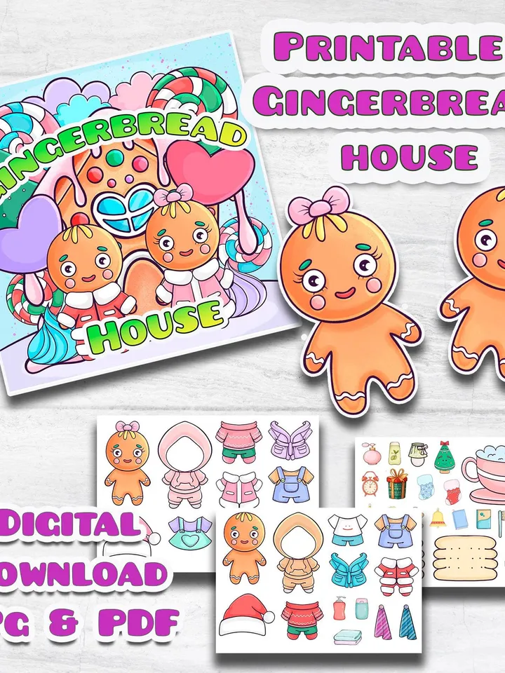 Printable Paper Gingerbread doll house, printable Doll Christmas Gingerbread, Holiday paper dolls cooked , Busy book printable crafts kids