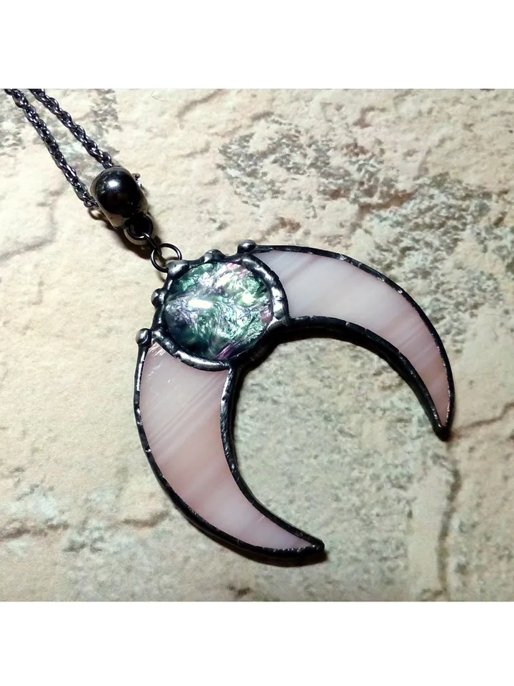Stained glass moon, Moon crescent, witchy aesthetic, Moon phase necklace, Stainglass crescent