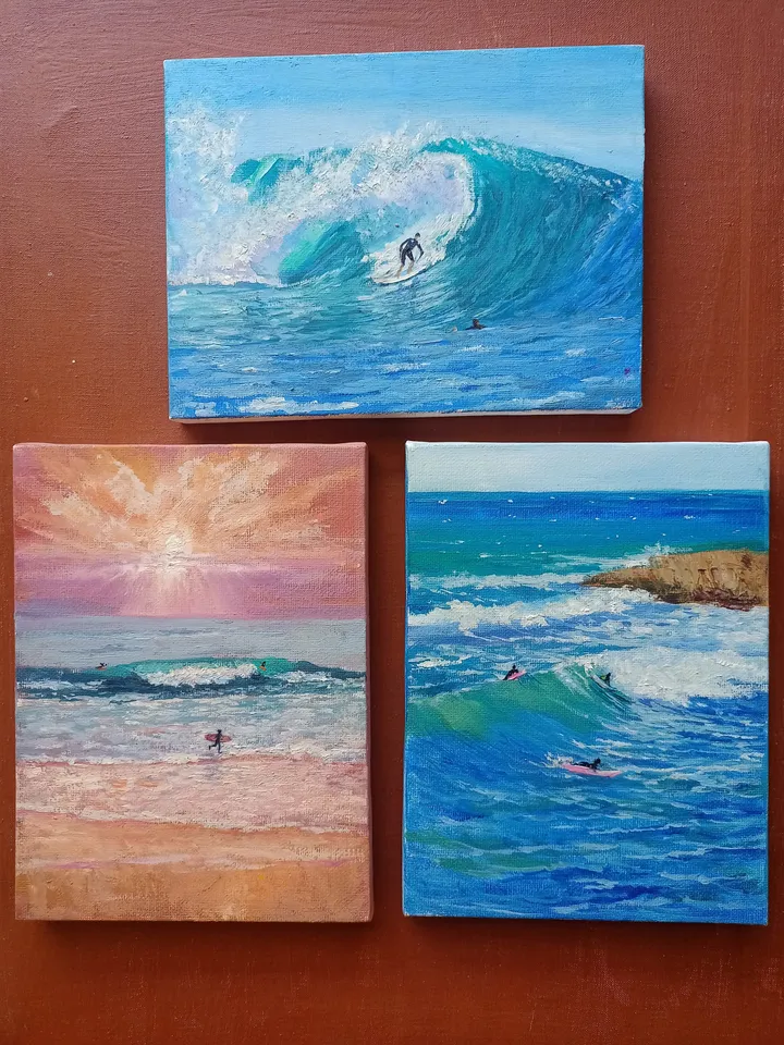 Ocean painting,waves,surfing,nautical oil painting blue wave mundane ocean art triptych gift,Small art as a gift, transparent wave Gifts art