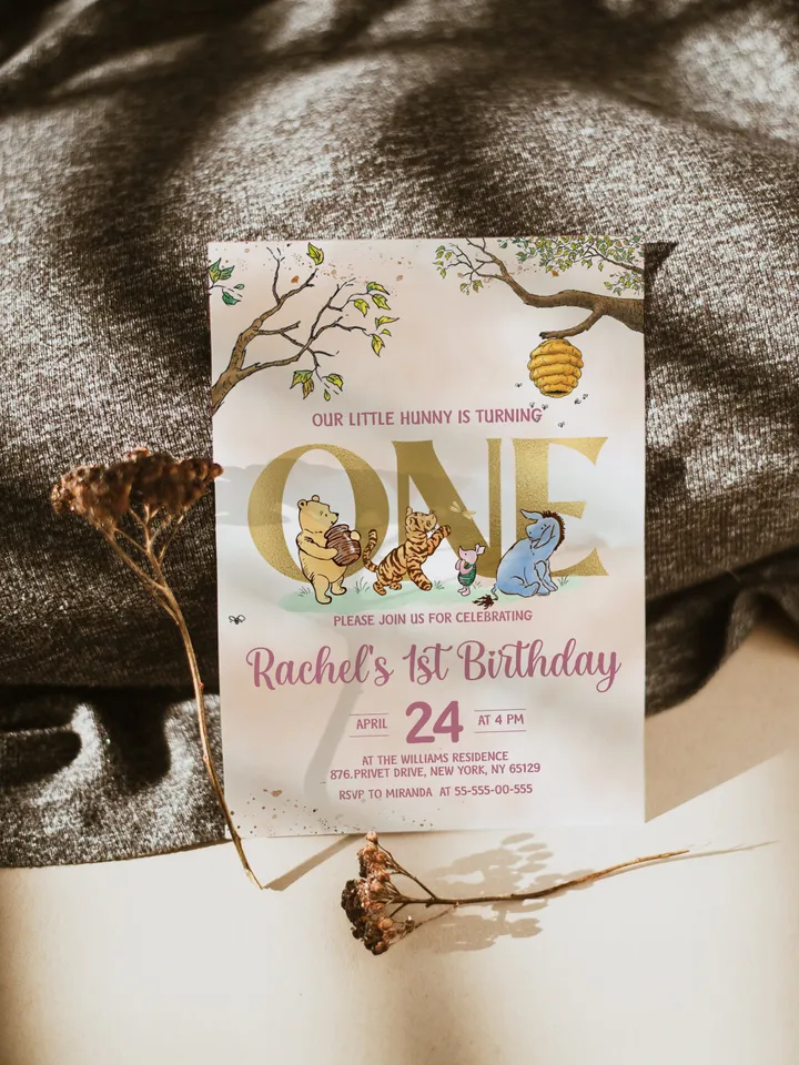 Classic Winnie Pooh Baby Birthday Invitation; Winnie Pooh Baby Birthday ; Greenery Baby Birthday; Honey Bear Birthday; Winnie Pooh wp