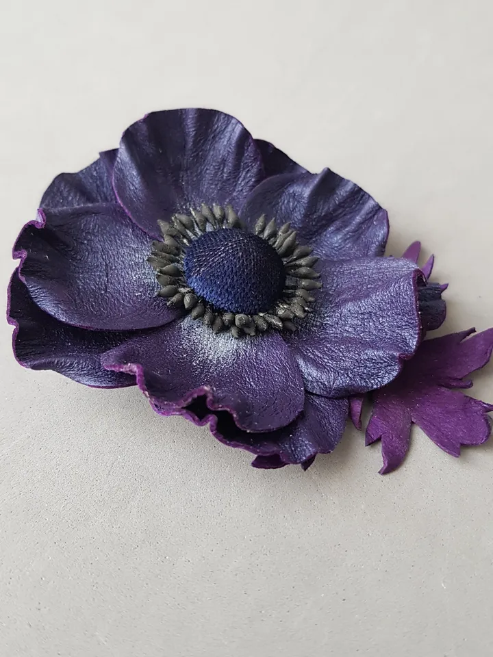 Dark blue leather brooch for her, Leather women's jewelry