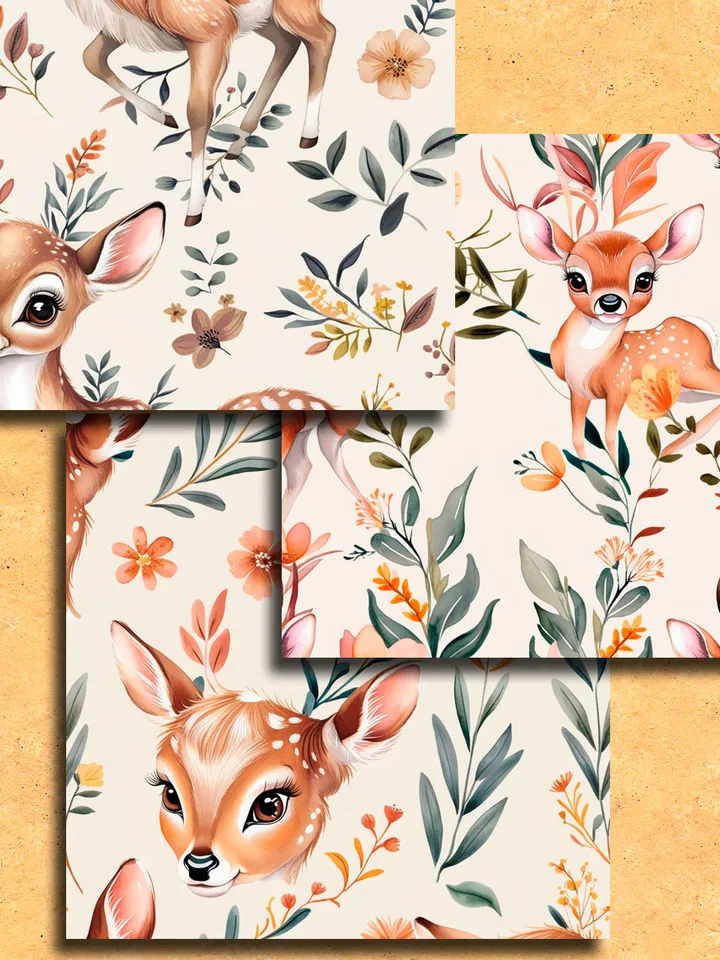 Seamless patterns with cute deer 14 pieces. Unlimited commercial use digital print files. Instant download.