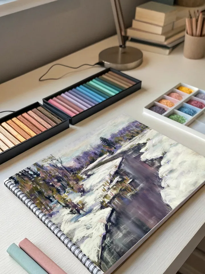 Original Winter River Landscape – 12x16 Pastel Artwork on Pastelmat by IrenFfantasyArt
