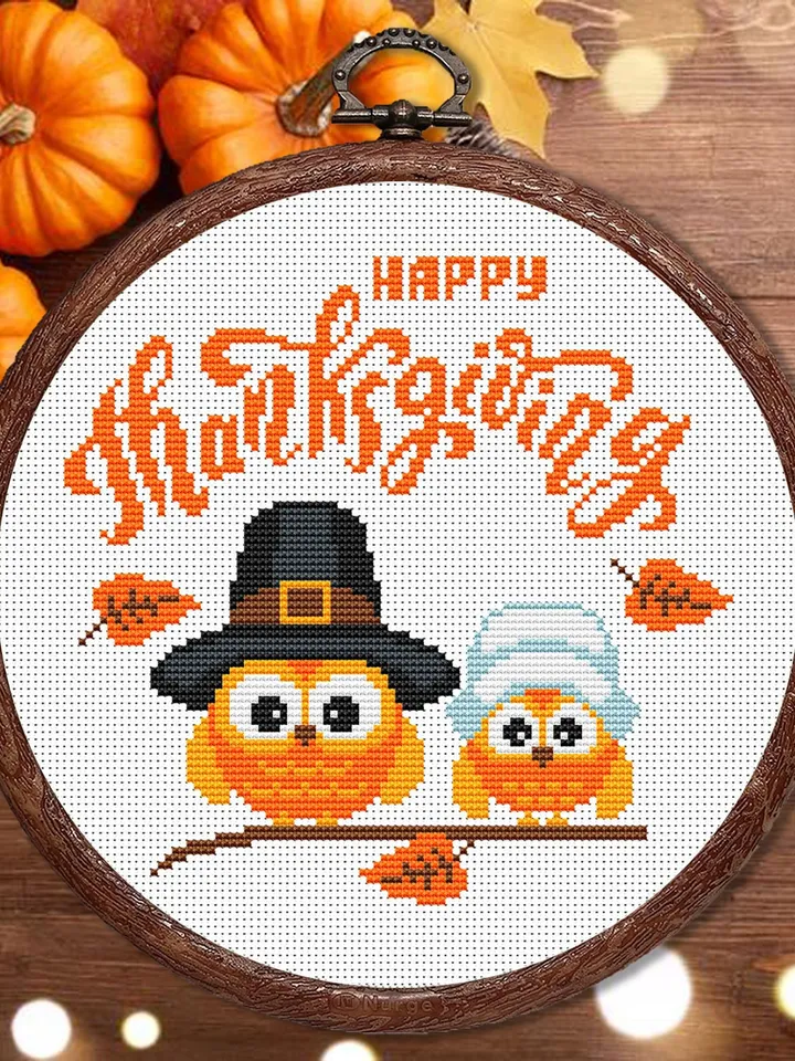 Happy Thanksgiving Cross Stitch Pattern, Thanksgiving Cross Stitch Pattern, Owl Cross Stitch Pattern, Thanksgiving Owls #hld007