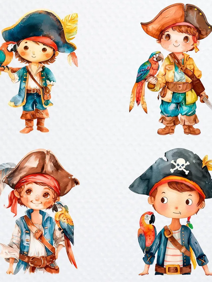 16 Cartoon Pirates PNG Bundle, Cute boy Pirates Printable Watercolor clipart for sublimation, High Quality PNGs, Paper craft, junk journals