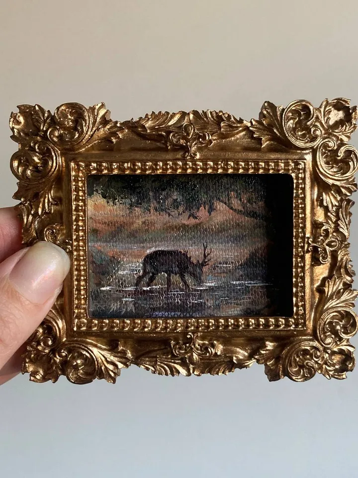 Forest Deer Landscape Oil Painting Original In Vintage Style Frame Small Framed Oval Painting Art