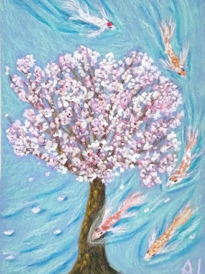 Pastel painting on paper Sakura and fish