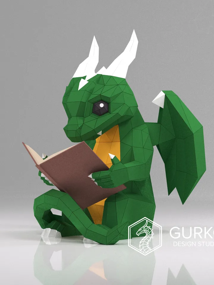 Papercraft Dragon With Book, Digital Template, PDF Download, Gurko, Low Poly, Pepakura, Origami Sculpture, Paper Party Decoration, DIY Gift