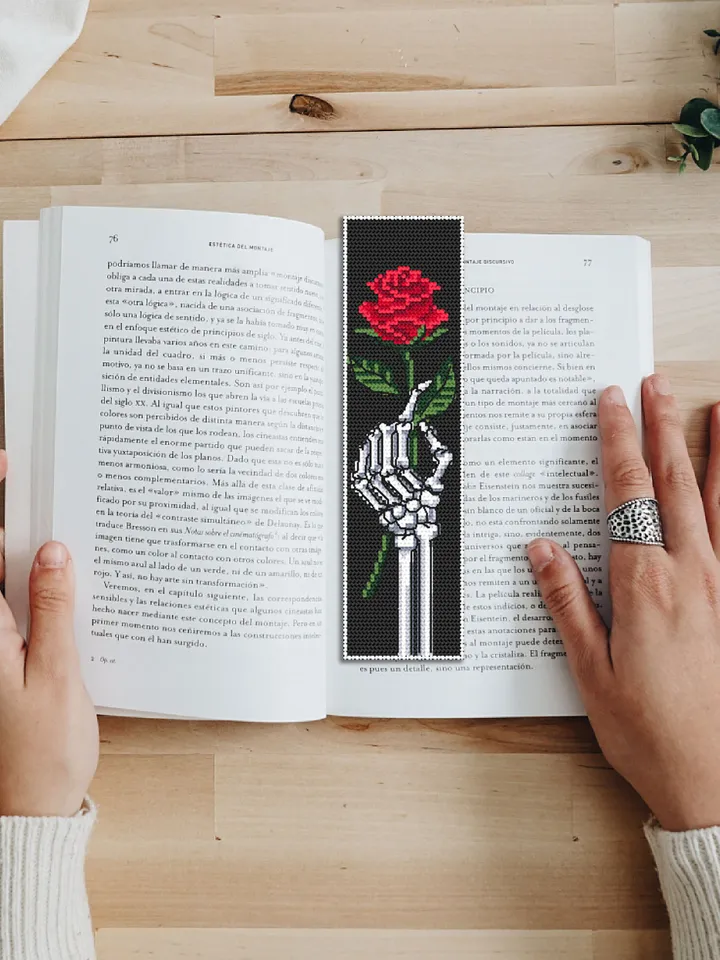 Gothic bookmark cross stitch pattern Skeleton hand cross stitch chart, Rose flower embroidery, Handmade bookmark Instant download PDF #B104