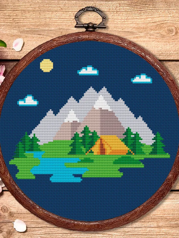 Mountain Landscape Cross Stitch Pattern, Island Cross Stitch, Embroidery Travel, Travel Cross Stitch Pattern, Modern Cross Stitch #trl006