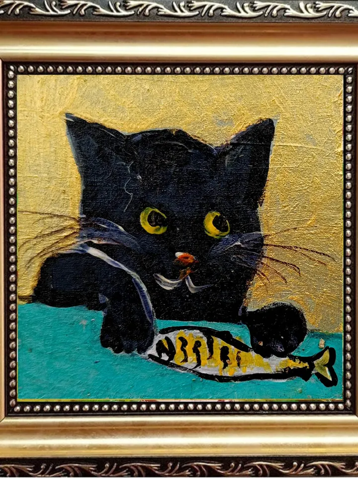 Mini painting a black cat and sardine painting framed 4x4 in Original Handmade painting Gift by ArtProkopaloSv