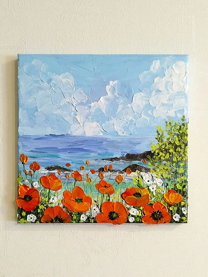 Vibrant California Poppies Textured Landscape Painting Artwork