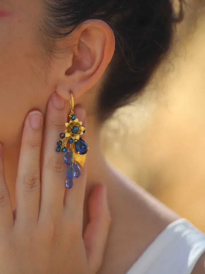 Gorgeous Blue Sapphire Gold Wedding Earrings Bracelet Jewelry Set , Floral Boho Bridal Earrings, Chandelier Statement Bohemian Earrings,