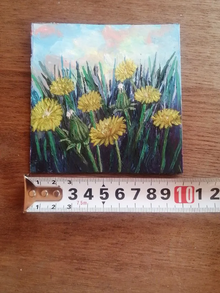 Dandelion flowers in a clearing. Miniature oil painting.Size 100 x 100 mm