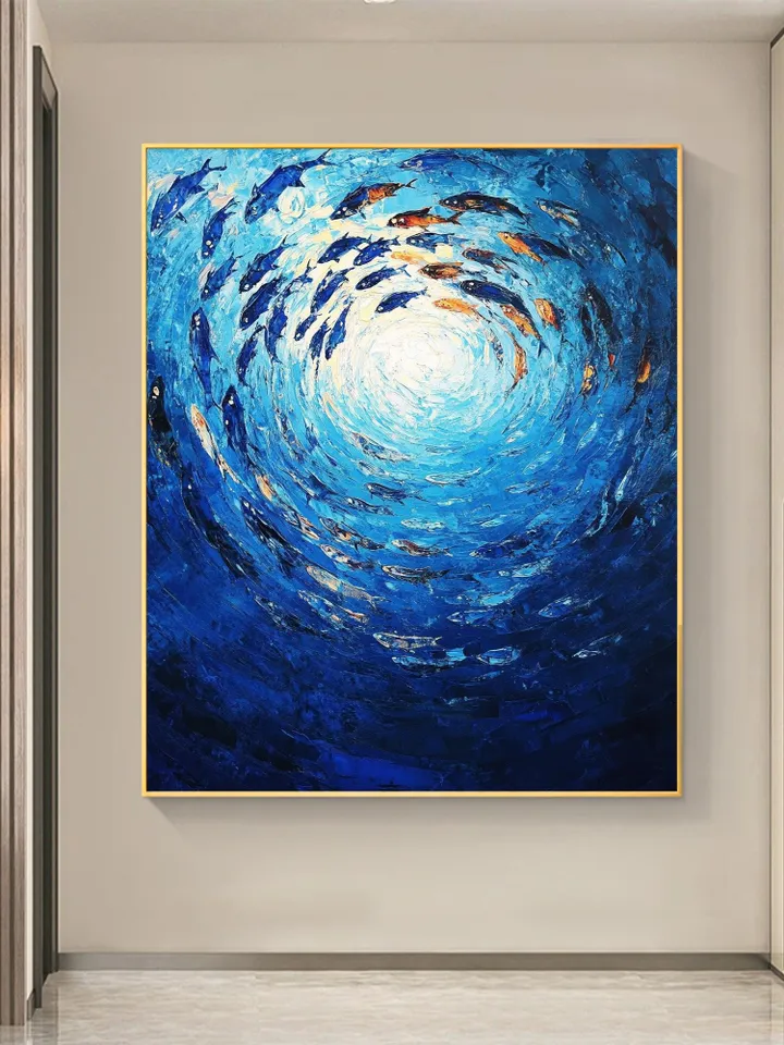 Ocean Painting, School of Fish Art, Impasto Fish Artwork, Blue Ocean Art, Underwater Scene, Textured Wall Art, Original Painting, Home Decor