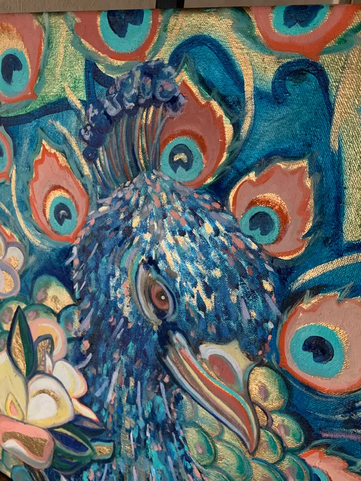 Peacock on gold original oil painting on canvas 19,6x19,6 inches