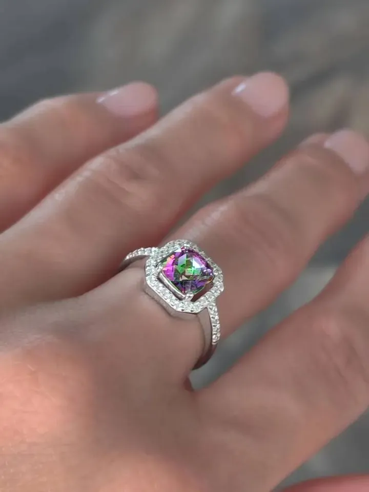 Ring, silver 925, quartz, mystic and cubic zirconia