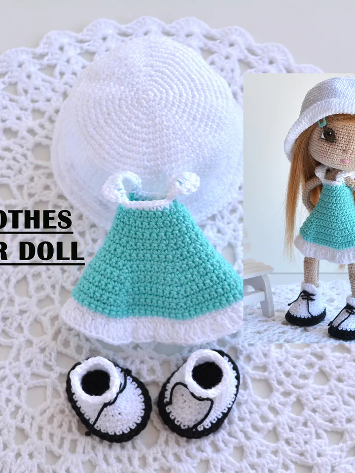 Crochet Doll Clothes Pattern, Outfit for Doll of 18 cm tall (English PDF), crochet doll dress pattern, dress amigurumi doll, dress pattern doll, clothes crochet doll, crochet boots and panama, doll clothes set