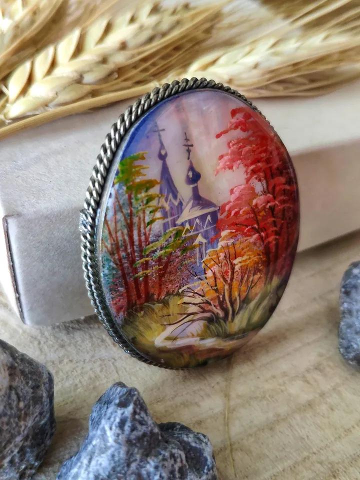 Brooches for women: Village Church in fall season Forest painted on aesthetic brooch • Dainty handmade jewelry • gorgeous pin for dress
