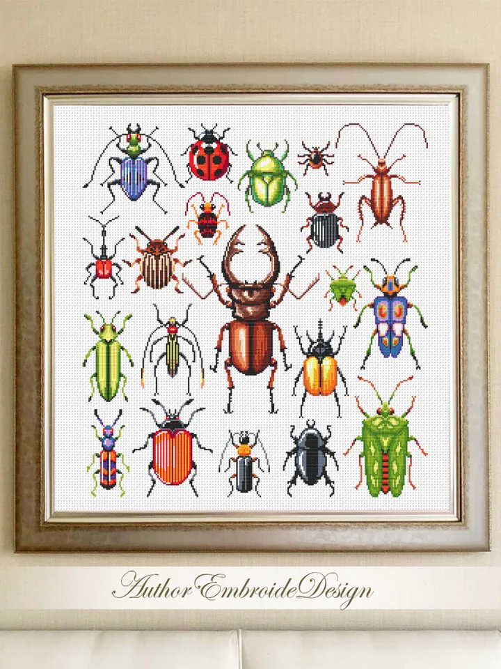 Bugs cross stitch pattern PDF download Sampler beetles cross stitch chart, Insect cross stitch, Bugs pattern digital PDF, Stag beetle #K42