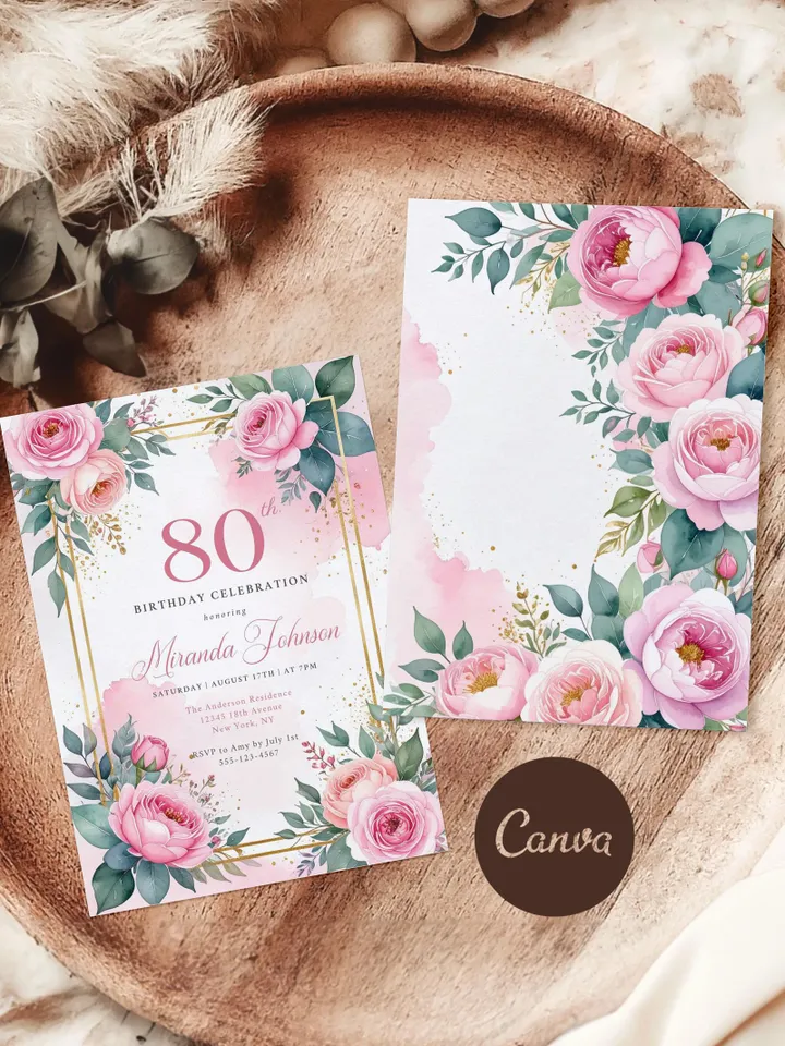 80th Birthday Invitation for Women – Pastel Dusty Pink Floral & Gold, Elegant Printable Party Invite for Women or Mom, Canva Template