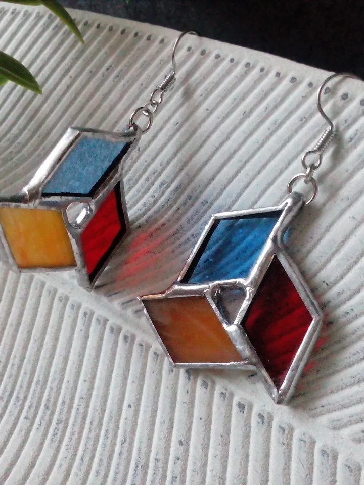 Origami stained glass earrrings - geometric handmade tiffany earrrings