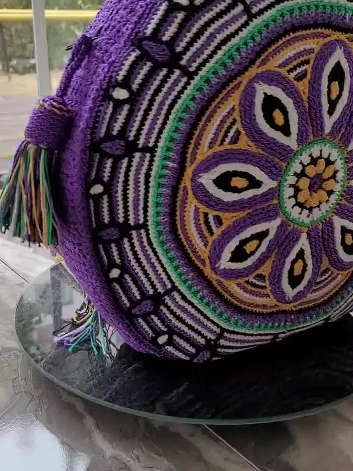 Handmade purple bag large Crochet festival bag Art to wear purse Unique crochet backpack Round floral mandala bag  Macrame shoulder straps