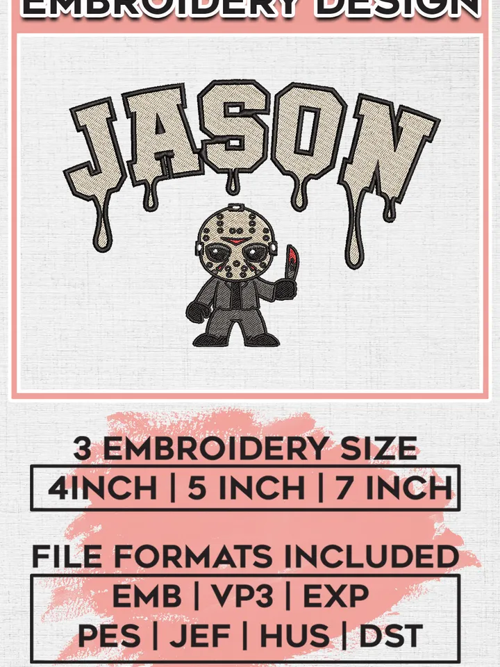 Chibi Jason Voorhees Horror Character Drop Name Embroidery designs, Horror Character Machine embroidery designs, Halloween embroidery files, Machine Embroidery Digitized Pes Files, Digital Download